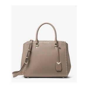 Michael Kors Benning Large Bag Scalloped Leather Satchel Purse In Truffle 11.5”